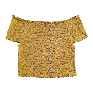 Mustard Yellow Smocked Off-Shoulder Button Front Top